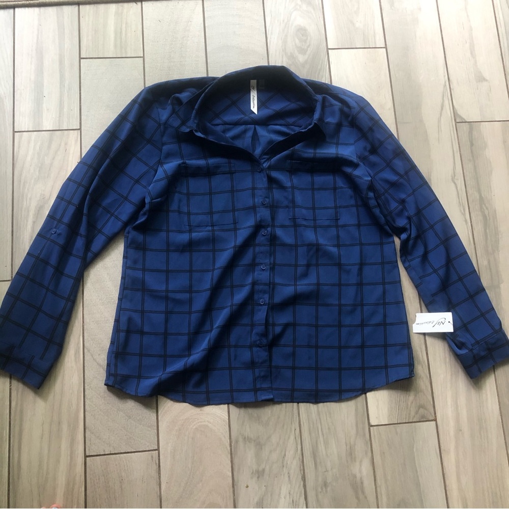 NWT NY Collection Blue Women's XL Plaid Button Down blouse